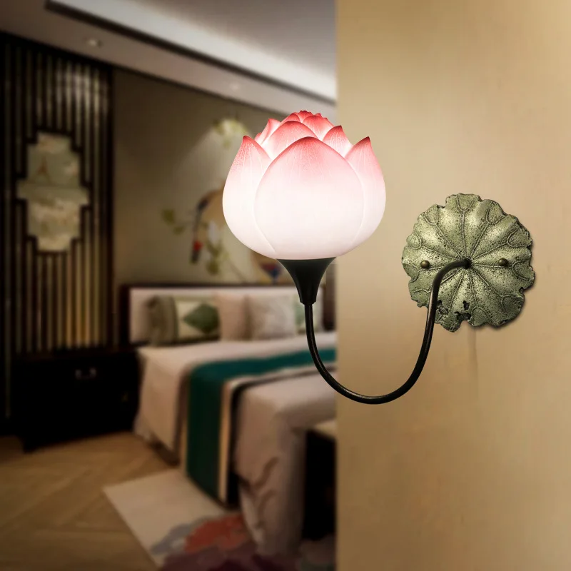 

Nordic Modern Lotus Wall Lamp Led Retro Mirror Lights Bedroom Bedside Lamps Vintage Resin Sconce Stair Home Decor Fixtures