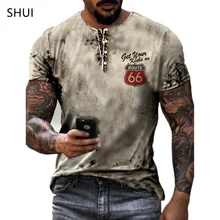 Summer New Men's Retro T-shirt US Route 66 Letter Print Short-Sleeved Oversized Loose y2k Clothes O Neck Top Streetwear 6xl