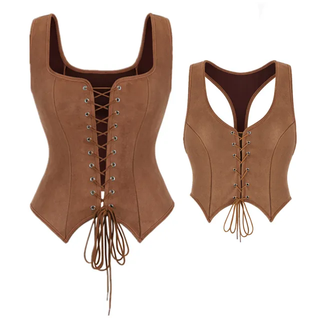 Corset en daim Vintage pour femmes médiévales, haut de Pirate victorien, gilet de dame, Costume de Cosplay Renaissance d'halloween 1