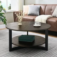 Round Coffee Table with Storage Shelf, Farmhouse Living Room Cocktail Black Metal Legs, Circular Solid Wood Center Tea Table 1