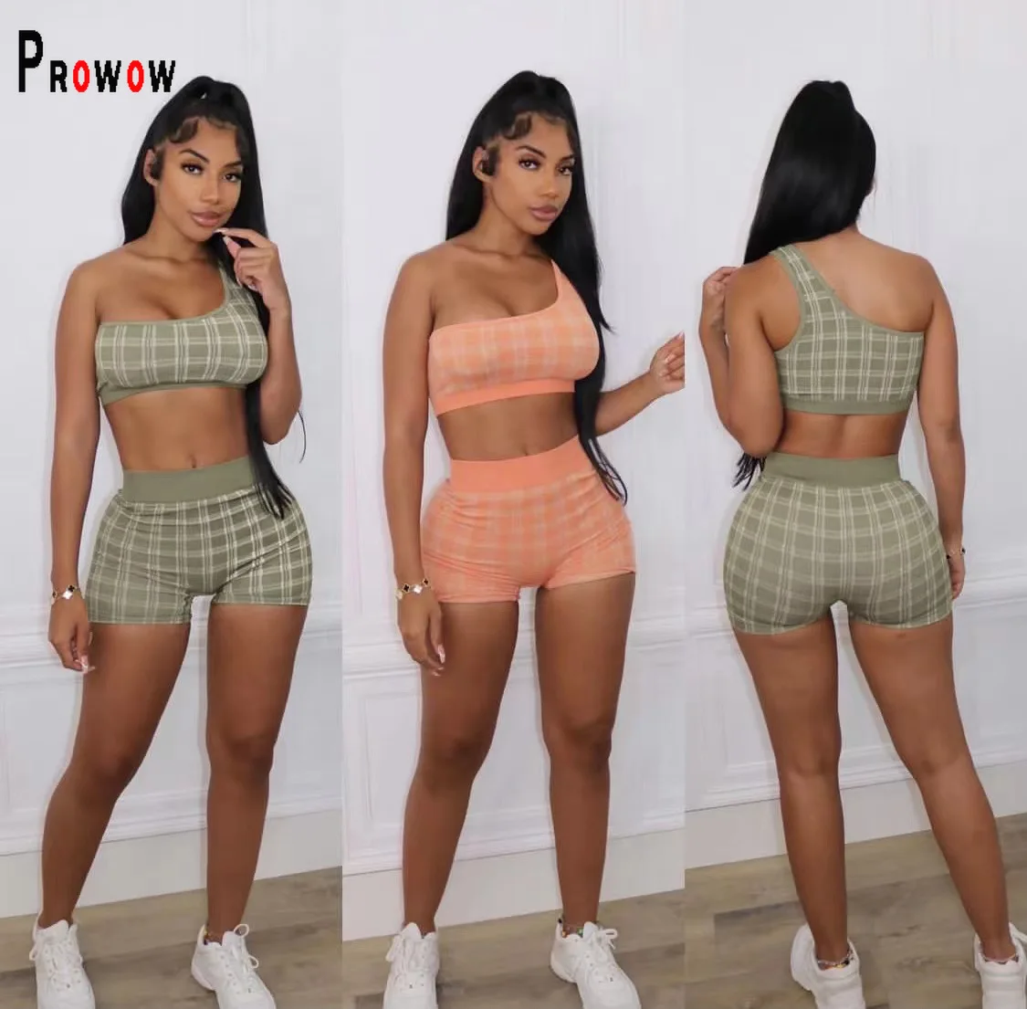 

Prowow Women Workout Sweat Suits One Shoulder Cropped Tops Shorts Two Piece Summer Clothing Set Plaid Print Fitness Outfits