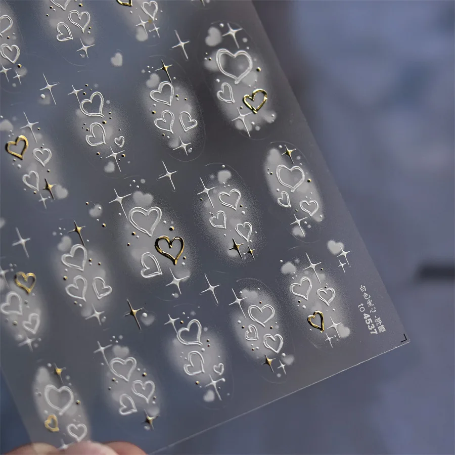 5D 릴리프 네일 스티커 핫 스탬핑 골드 실버 화이트 하트 접착 네일 아트 스티커 1PC DIY 일본식 네일 장식 데칼