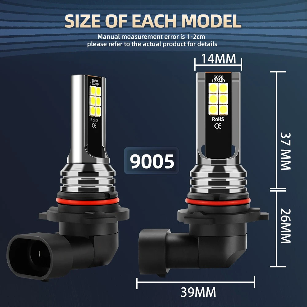 H8 HB4 H11 LED 안개등 전구 9005 HB3 9006 LED 램프, 매우 밝은 자동차 주간 운전 주행등, 12V 6000K, 2 개