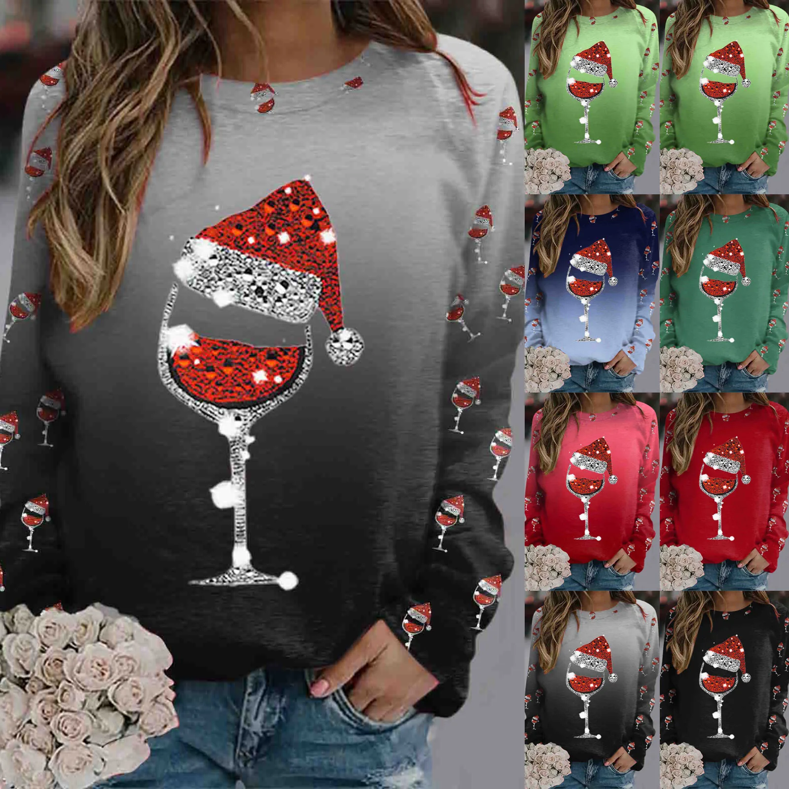 

Full Zip Workout Top Women Christmas Wine Glass Shirt Long Sleeve Top Round Neck Casual Fall Pullover Turtleneck Tunic Sweater