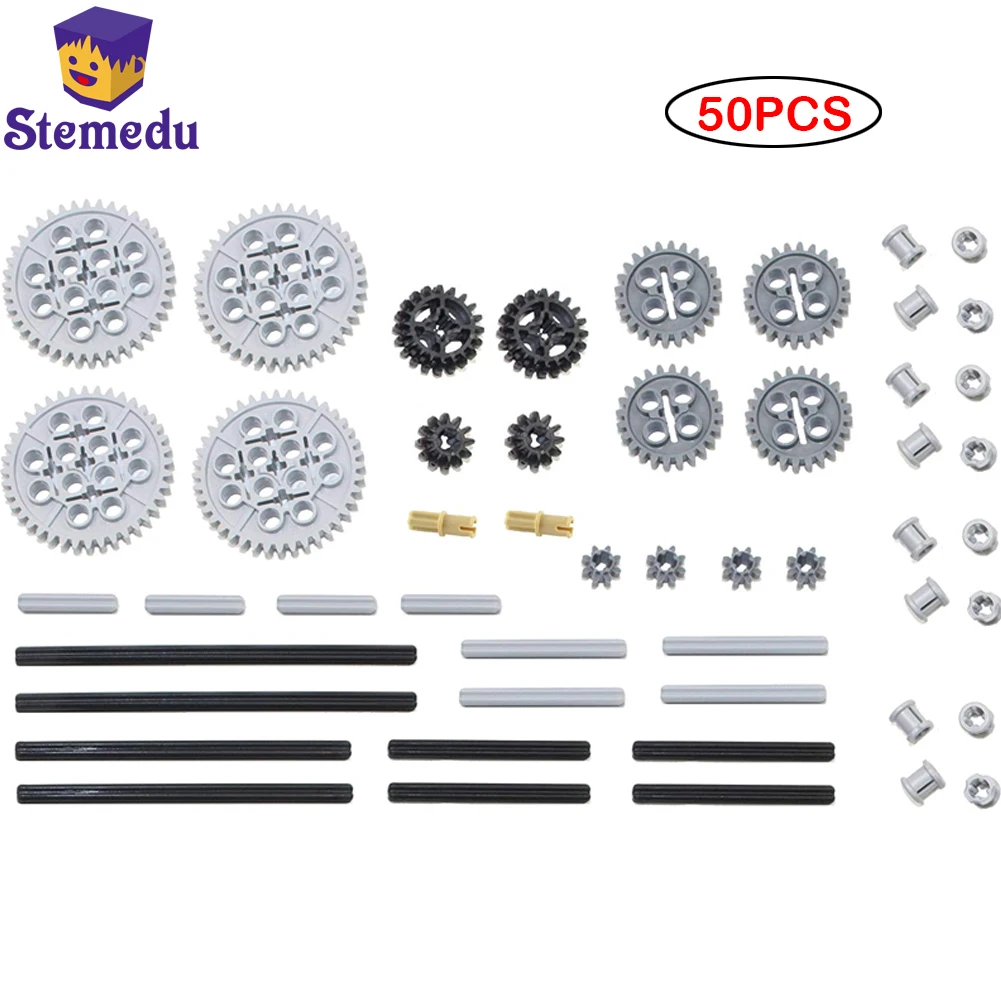 Technical Bricks 50PCS MOC Technical Gear and Axle Pack Compatible with Leduo Parts Building Blocks for 10928 3648 3649 8/12/24/40 Tooth Gear