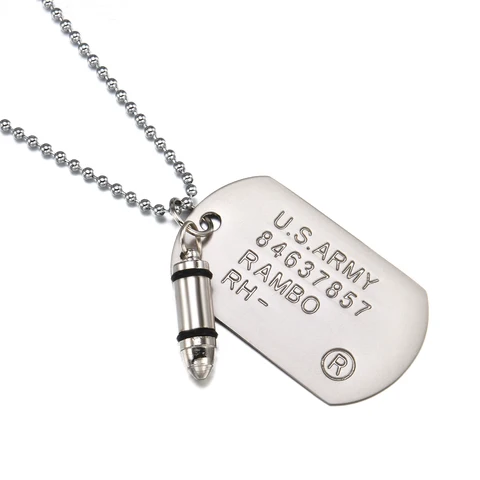 Quality Fashion Men Military Army Bullet Charm Dog Tags SINGLE EMBOSSED Chain Pendant Necklace Jewelry Gift