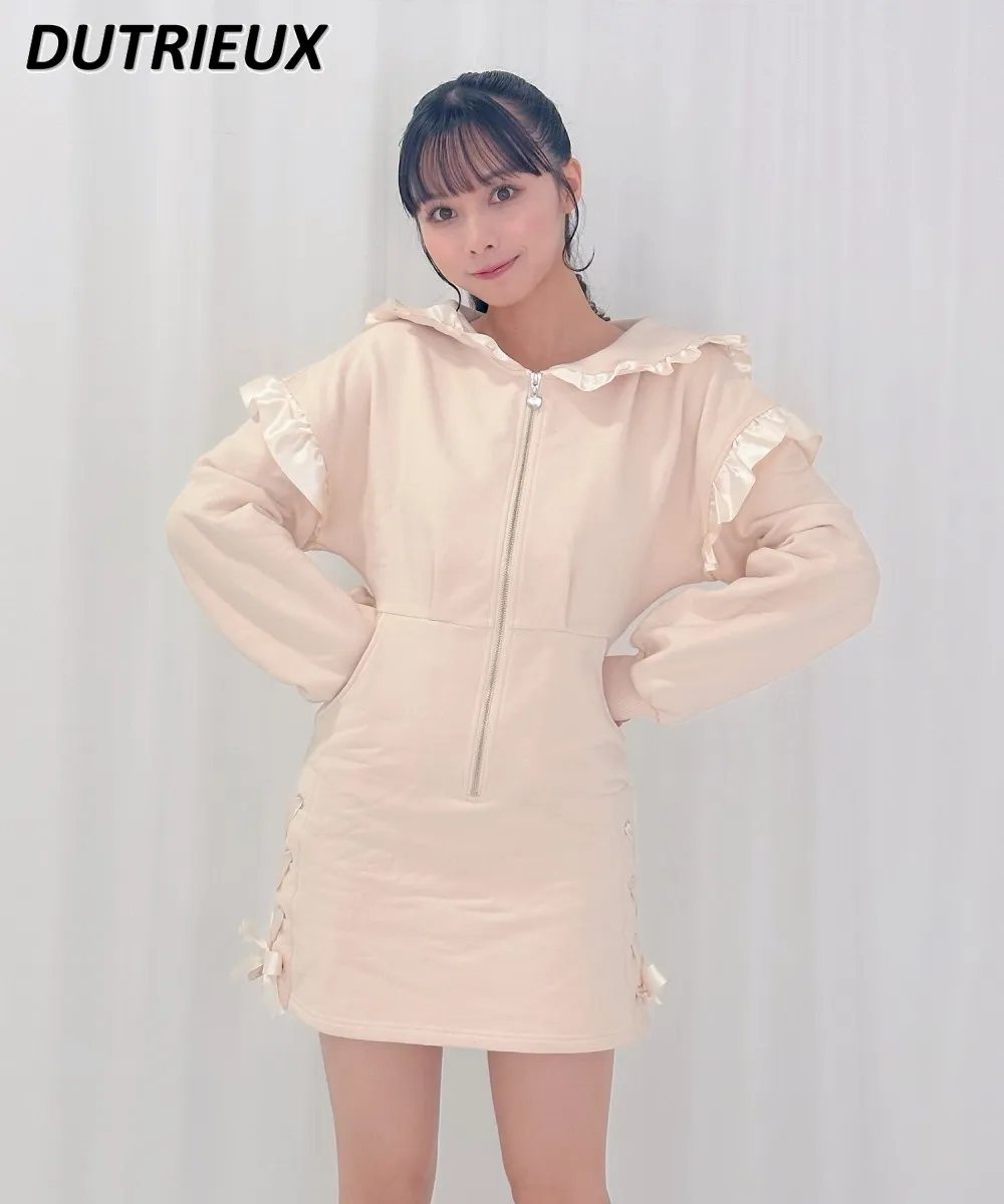 

Japanese Sweet Lady Sailor Collar Ruffled Long Sleeve Slim Waist Sheath Sweatshirt Dress Female 2024 Spring New Hip Mini Dress