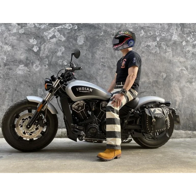 BOB DONG Prisoner Striped Overalls Vintage Men's Motorcycle Biker Racing Pants