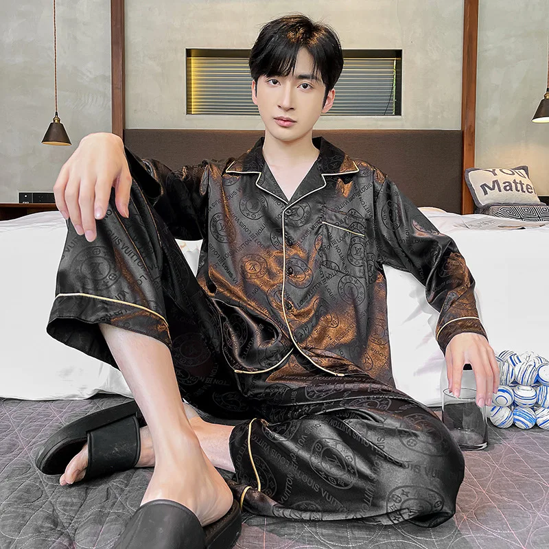 Spring Autumn Men's Thin Imitation Silk Pajamas Long Sleeve Jacquard Cardigan Pants Casual Loose Fitting Home Clothing Set