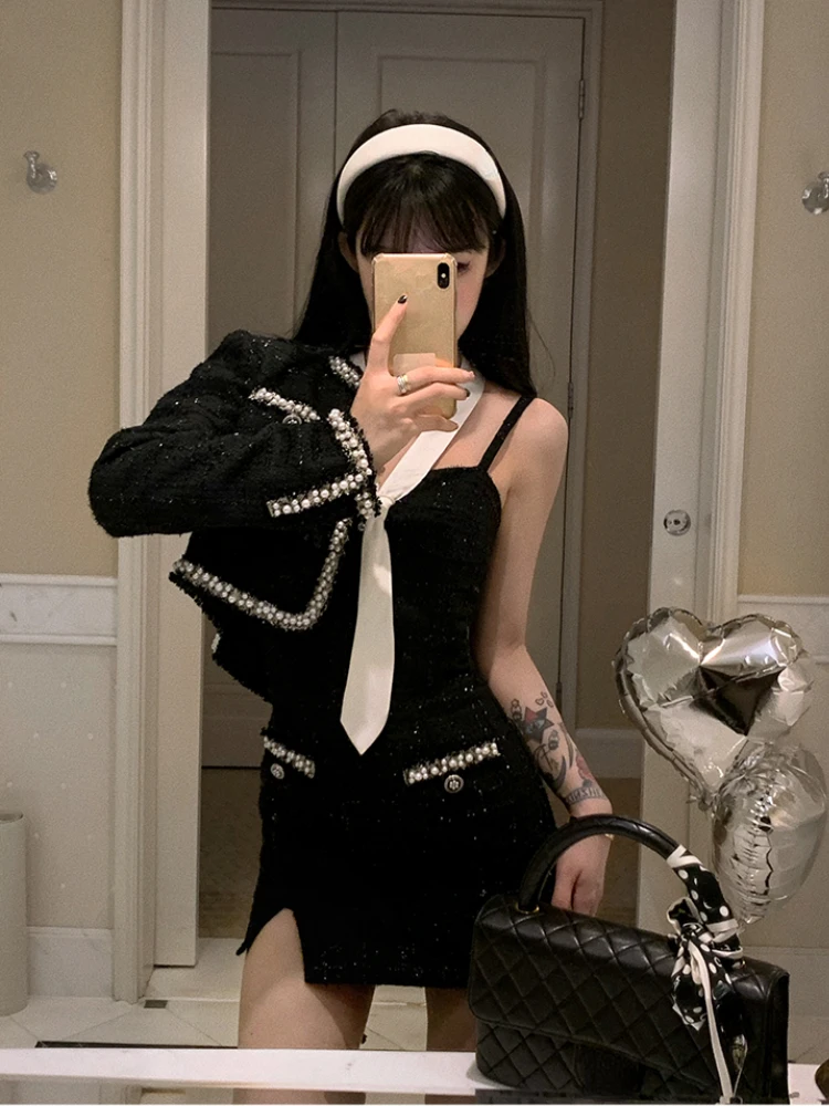 2023 Autumn Casual 2 Piece Dress Set Women Elegant Y2k Clothing Black  Jacket Coats + Strap Mini Dress Korean Fashion Suits Chic - AliExpress  200000345