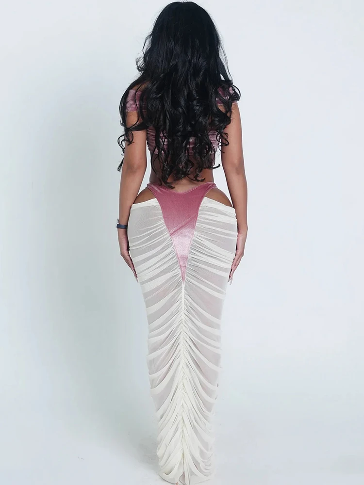 Nibber Coquette 2-Piece Set Women Velvet Cross Tank Tops+Patchwork Hollow High-Waist Skirts Matching Clubwear Sexy Party Outfits