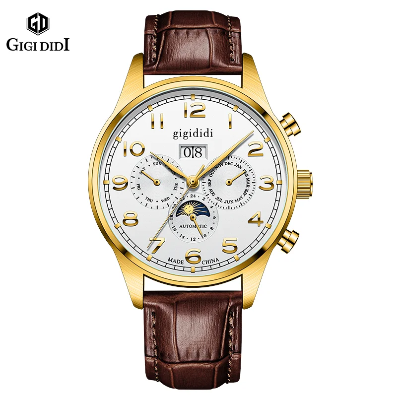 Gigididi 43mm Automatic Men's Watch Date Day Month Year Gold Dial Multifunction 316L Leather Strap Polished Case Day Night New mood diary roller date planner journal seal manually adjustable year month day digital holiday blessing stamp seal