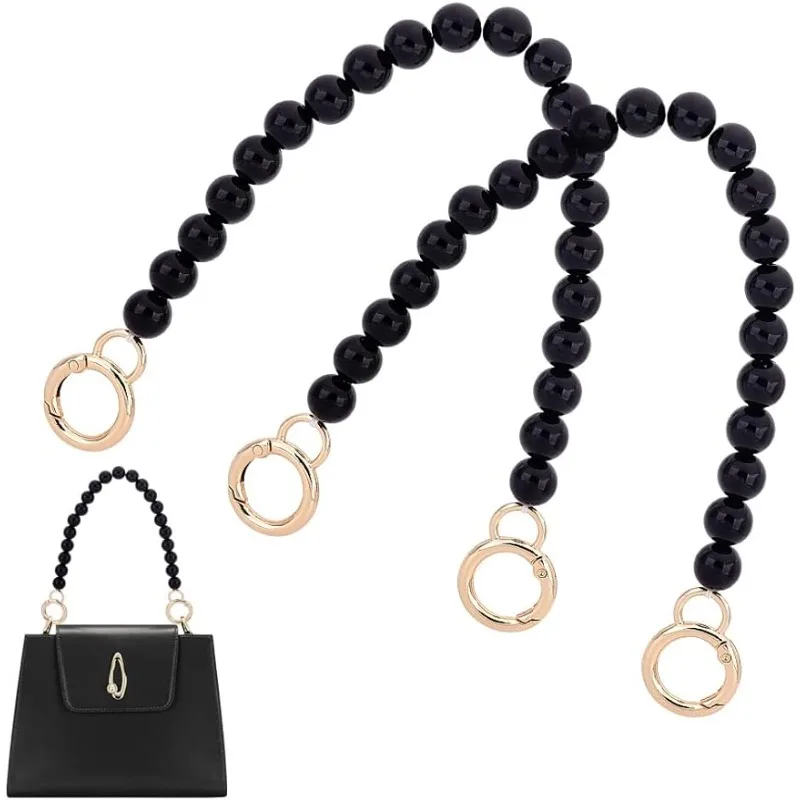 2pcs 11.8" Imitation Pearl Bead Purse Chains, 12mm Black Pearl Bag Chain Replacement with Golden Clasps Short Bag Chains