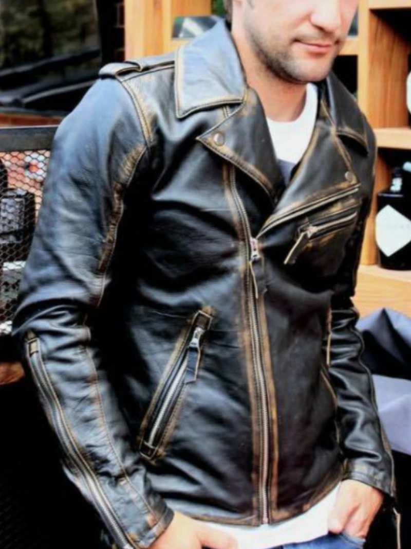 Мужская кожаная байкерская куртка