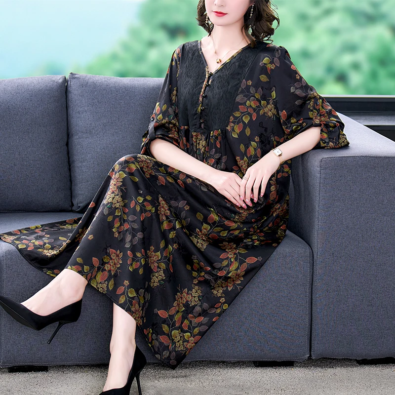 

NYFS 2024 Summer New Vintage Patchwork Womens Dresses Vestidos Robe Ete Femme Elbise Loose V-neck Short Sleeve Long Dress