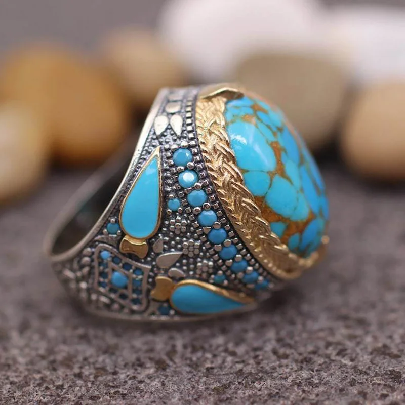 2023 New Bohemian Large Oval Natural Stone Rings For Women Men Vintage Dual Color Blue Turchesi Luxury Retro Party Jewelry
