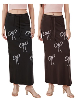 Women's Drawstring Long Skirts Fashion High Waist Bow Print Color Midi Skirts Ankle Length Skirts 15