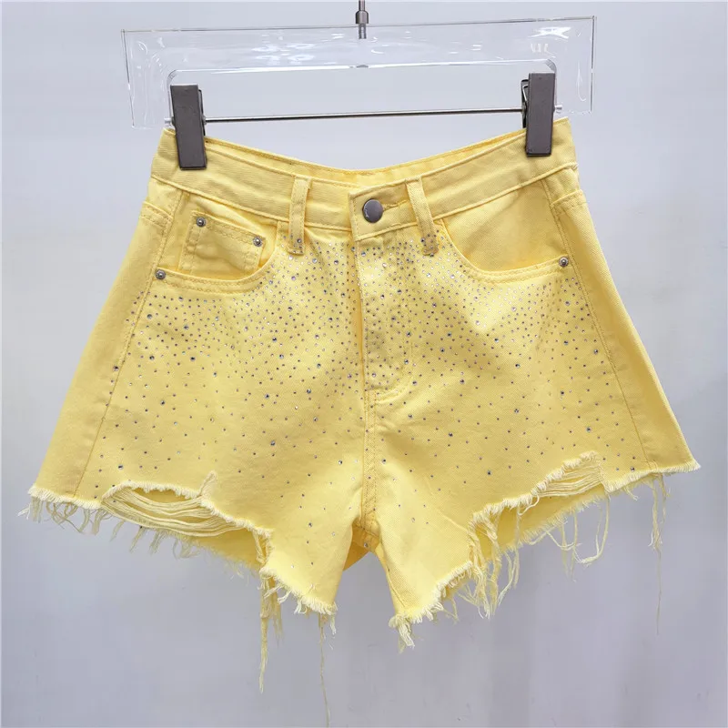French Heavy Ripped Denim Shorts Women 2024 Summer New Fashion High Waist Slimming Color Rhinestone Hot Girl Wide Leg Hot Pants