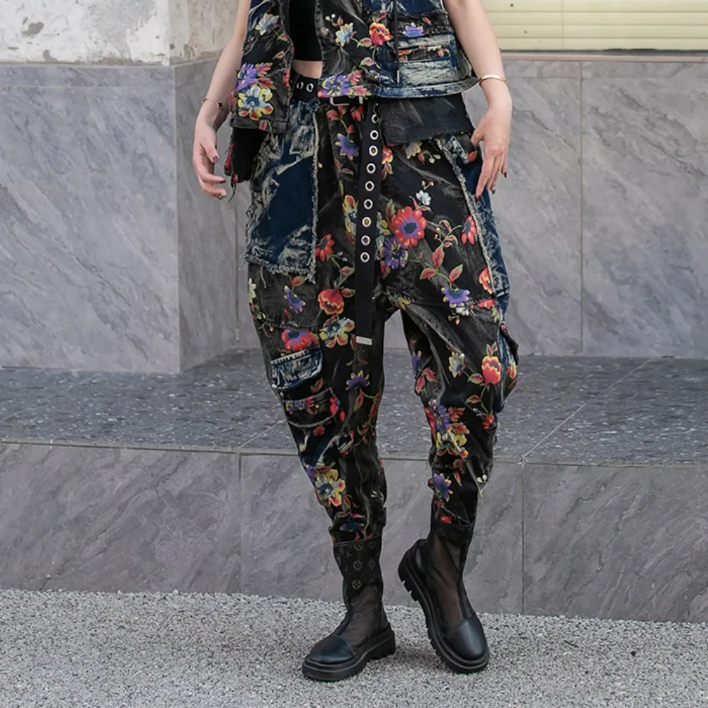 

Worn Contrast Print Denim Harem Pants Women 2024 Spring Autumn Fashion Personality Jeans Female LX884