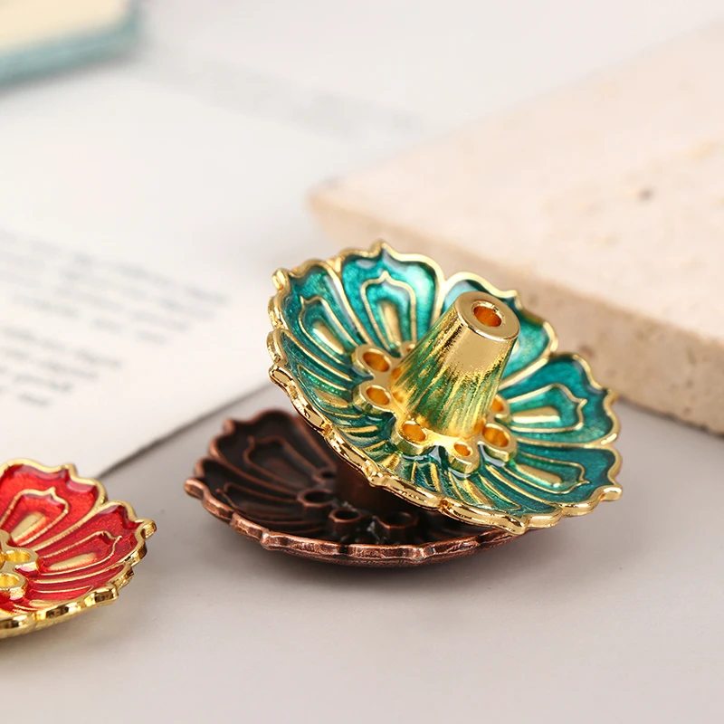 Incense Holder Lotus Alloy Incense Burner Stick Holder Home Buddhism Line Incense Plate Sandalwood Coil Base Delicate Temples Home Decor 1Pc