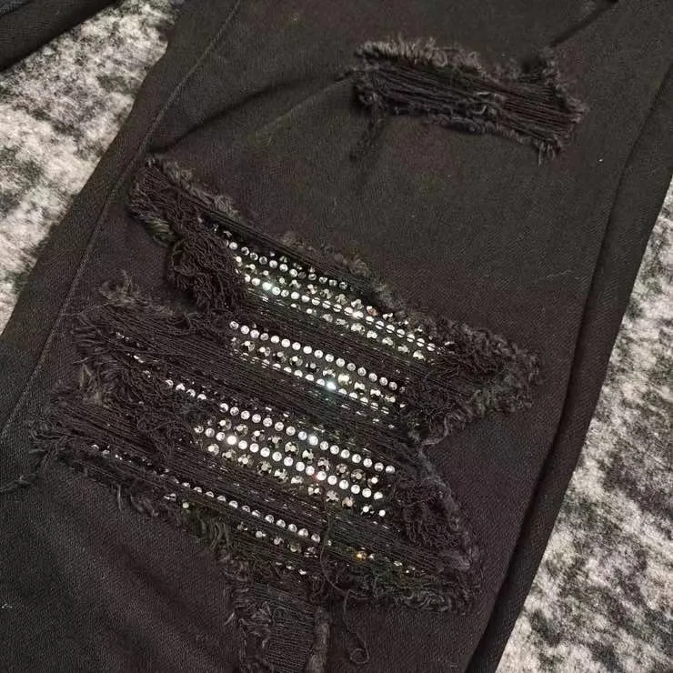 men sparkle sequience patches distressed black jeans 4