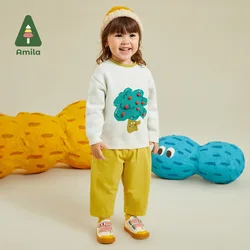 Amila Baby Boy  Girs Simple Versatile Pants 2023 Autumn New 100%  Cotton  Comfort Fashion Casual Trousers Children's Clothes