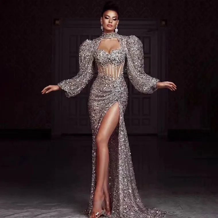 

Luxury Glitter Mermaid Evening Gowns Puffy Long Sleeves High Neck Side Split See Through Women Prom Dresses High End Custome