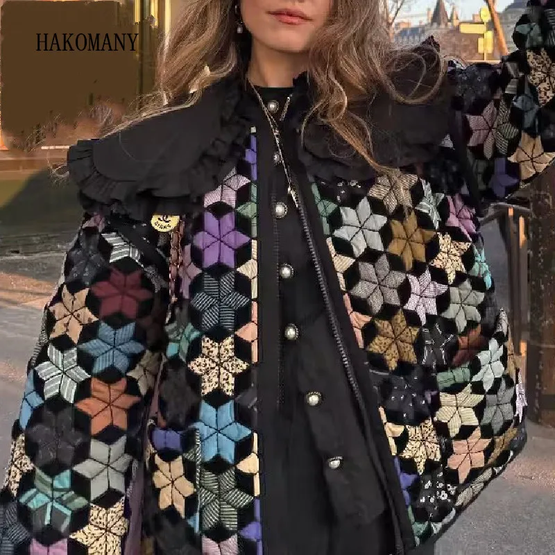 

2023 Women Quilting Full Sleeve Loose Jacket Retro Outerwear Autumn Winter Collarless Geometric Flower Print Quilted Coat