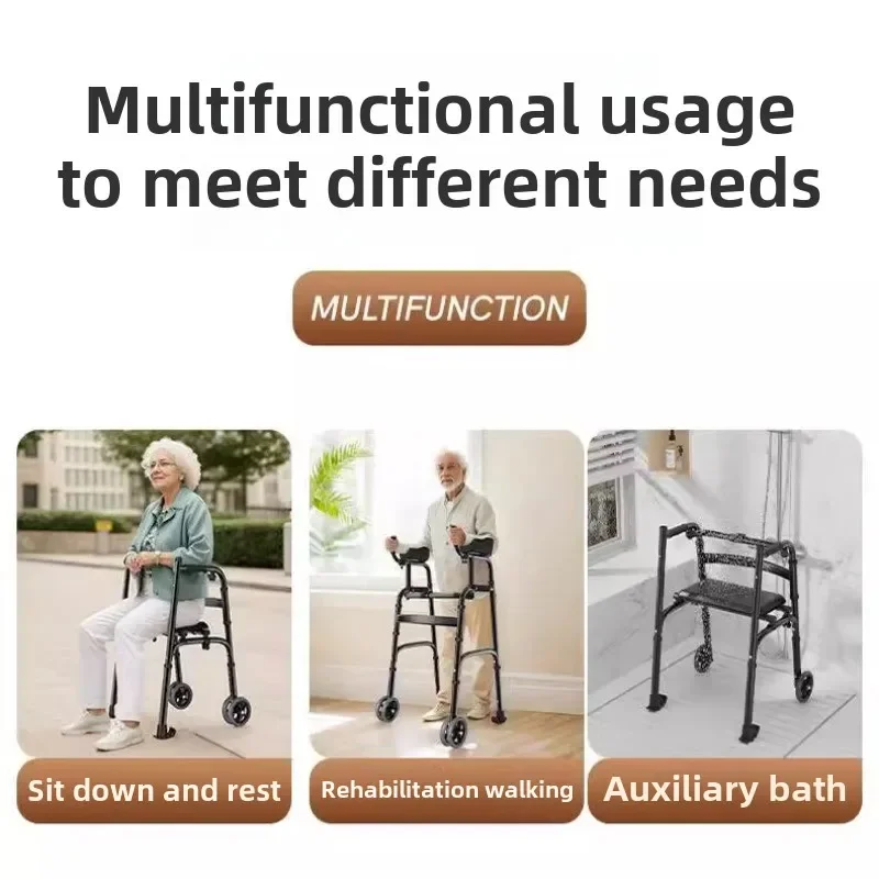 Stand Upright Walkers with Seat for Seniors Elderly Foldable Double Arm Walker Aid Walking Rehabilitation Equipment Crutch Chair 2