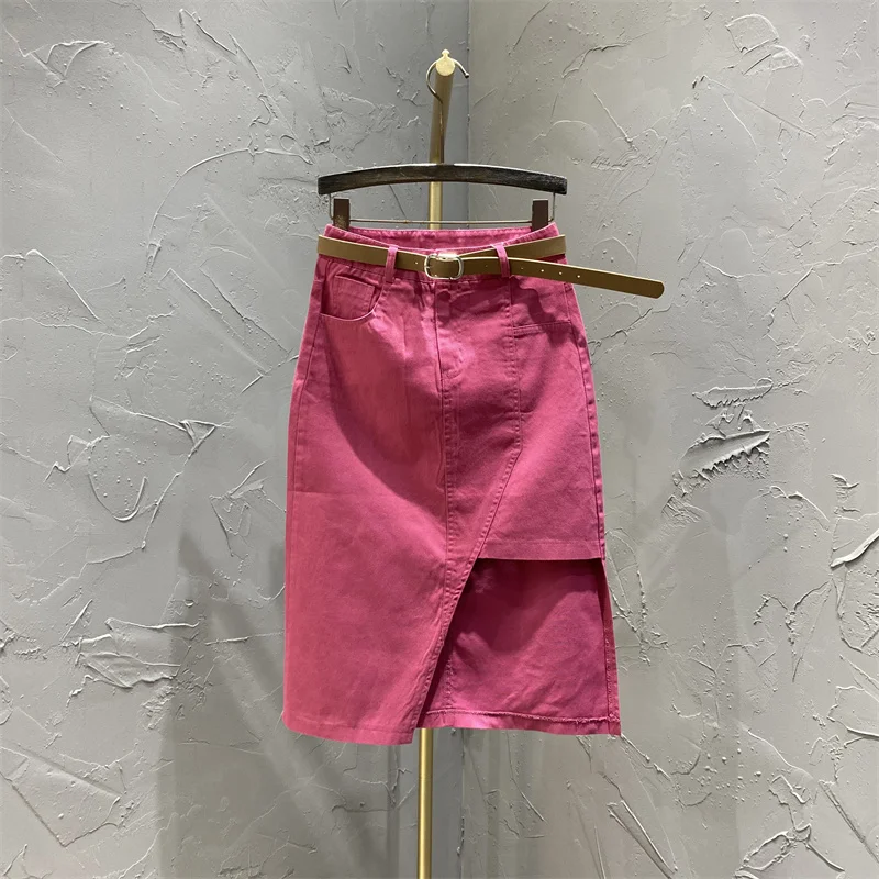 

Denim Skirt Knee Pink A Line Split Tight Irregular Midi Skirts With Waist Belt Casual