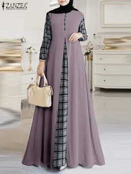 Elegant Muslim Abaya Dress ZANZEA Women Long Sleeve Patchwork Maxi Sundress IsIamic Robe Spring Checked Vestidos Kaftan Ramadan