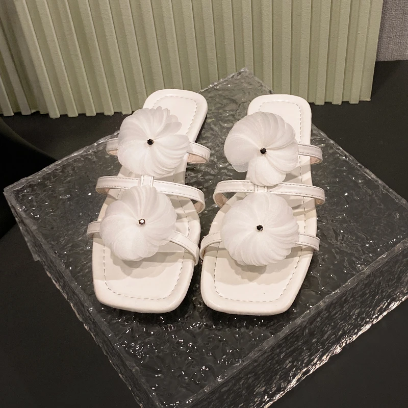 Aphixta Women Flat With Slides White Flower Dec Woman Slippers Summer Beach Square Toe Casual Shoes Woman 2025 Trend Shoes