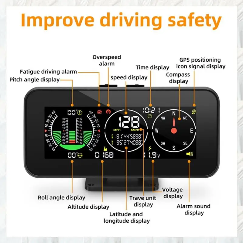 Car HUD Head Up Display Inclinometer Compass Speedometer GPS Overspeed Alarm Car Parts 1 Piece