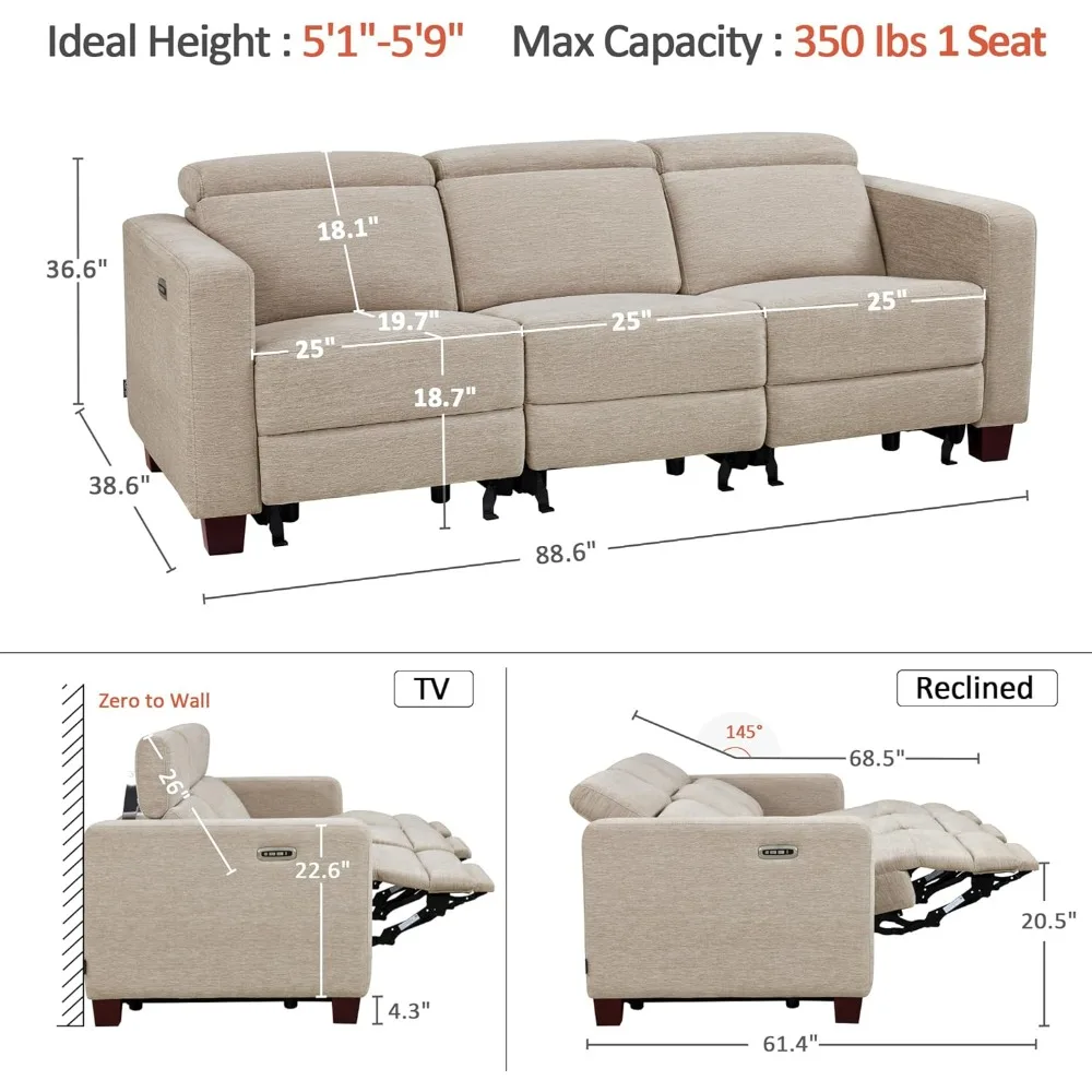 zero wall recliner sofa, power reclining sofa, wall hugger power recliner sofa with adjustable headrest, usb & type c ports, fo