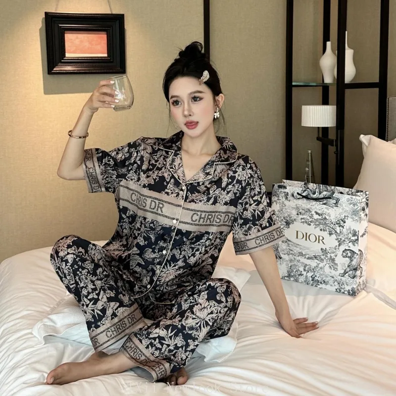 TXii Newlook Pajamas Women's Spring and Summer New Cardigan Ice Silk Three-piece Luxury high quality Home Clothes