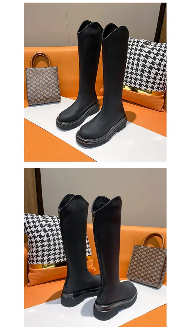 Lange Beine und mollige, neue MM2024-Ritterstiefel mit mattem Finish, nicht über das Knie reichende, warme Damenstiefel mit V-Ausschnitt und dicker Sohle_voghion.com