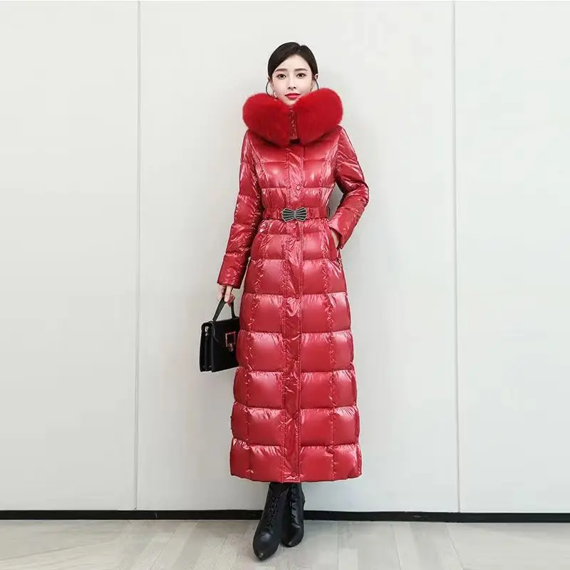 2023 New Women Down Jacket Winter Coat Female Extended Version Parkas Slim Fit Thick Outwear Hooded Real Fur Collar Overcoat
