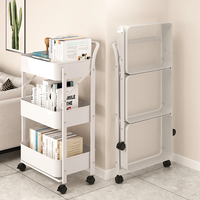 3-Tier Foldable Metal Kitchen Trolley Usage Serving Trolley Shelf on Wheels Foldable Utility for Kitchen Bathroom Office