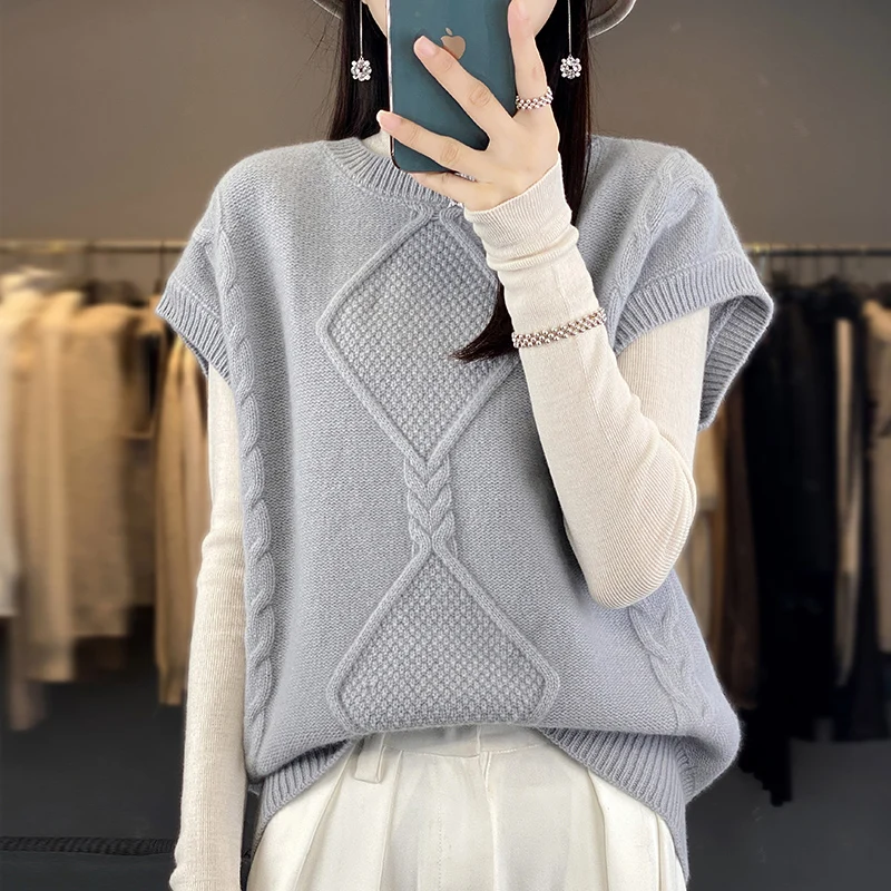 

2024 new cashmere vest women's O-neck 100% pure wool pullover warm knit bottoming vest autumn and winter vest