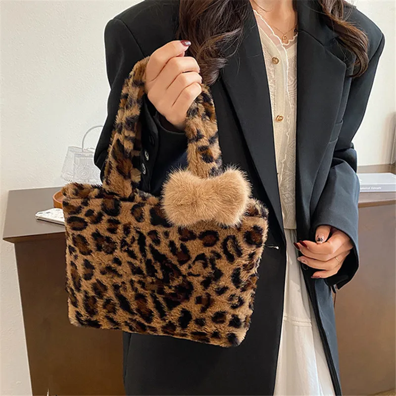 Stylish Leopard Print Y2k Leisure Teen Underarm Shoulder Bag Fluffy Handbag for Women Daily Use Work Party Dating Travel Outing
