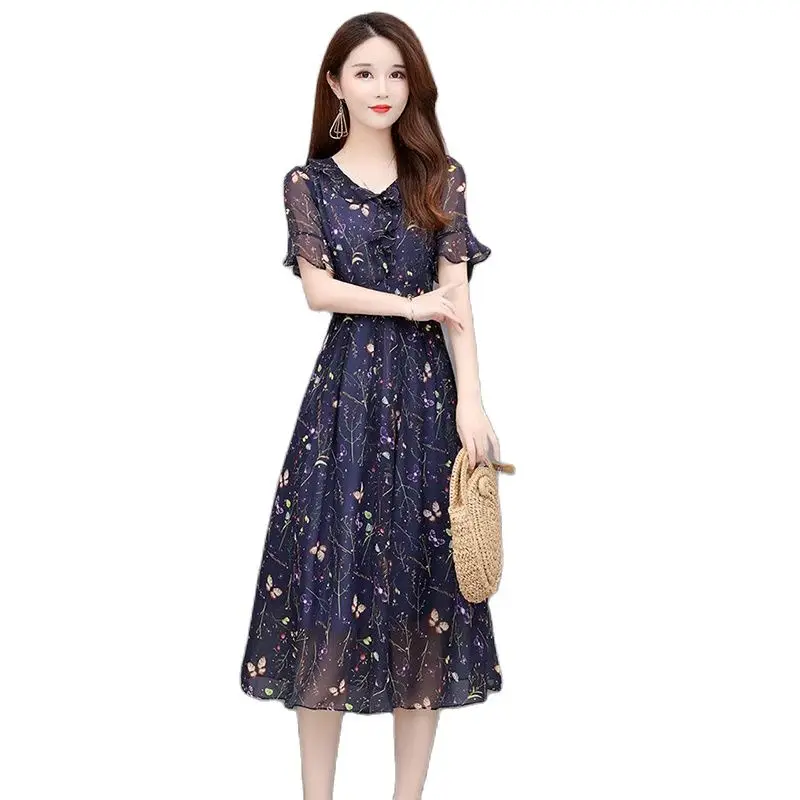 

Small Fresh Fashion Popular Chiffon Floral Short-sleeved Dress Female New Summer Loose Waist Slim Long Lotus Leaf Collar Skirt