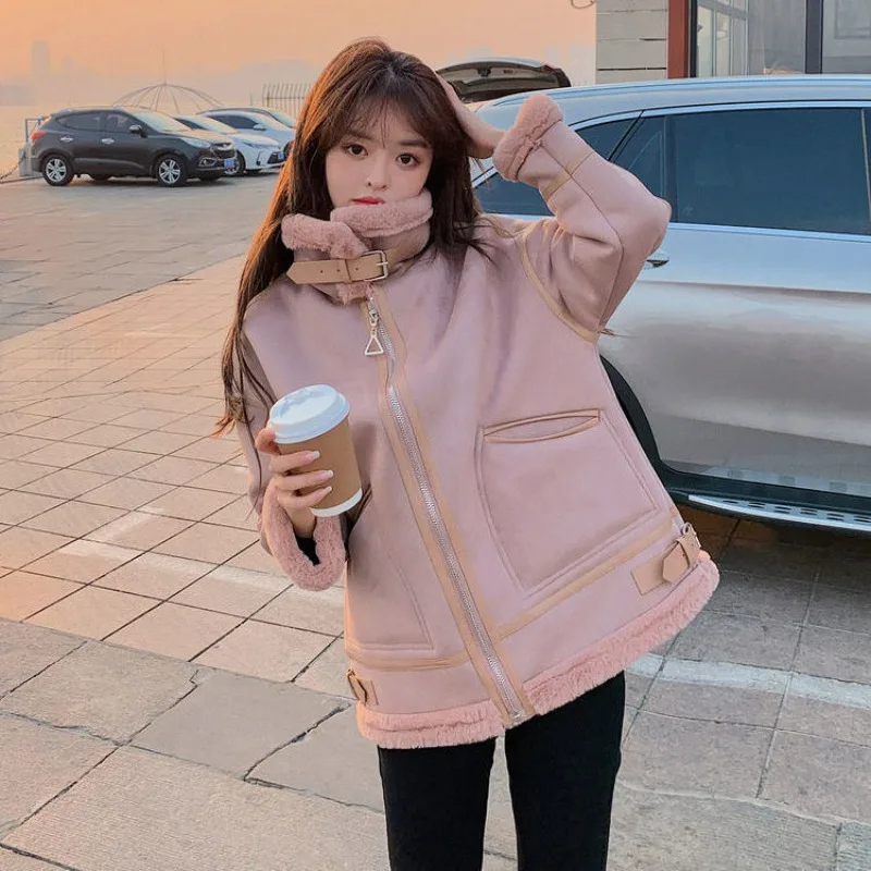 2023 New Leather and Fur Integrated Short Coat Women Winter Top High End Versatile Casual Loose Thickened Warm Fur Large Coat