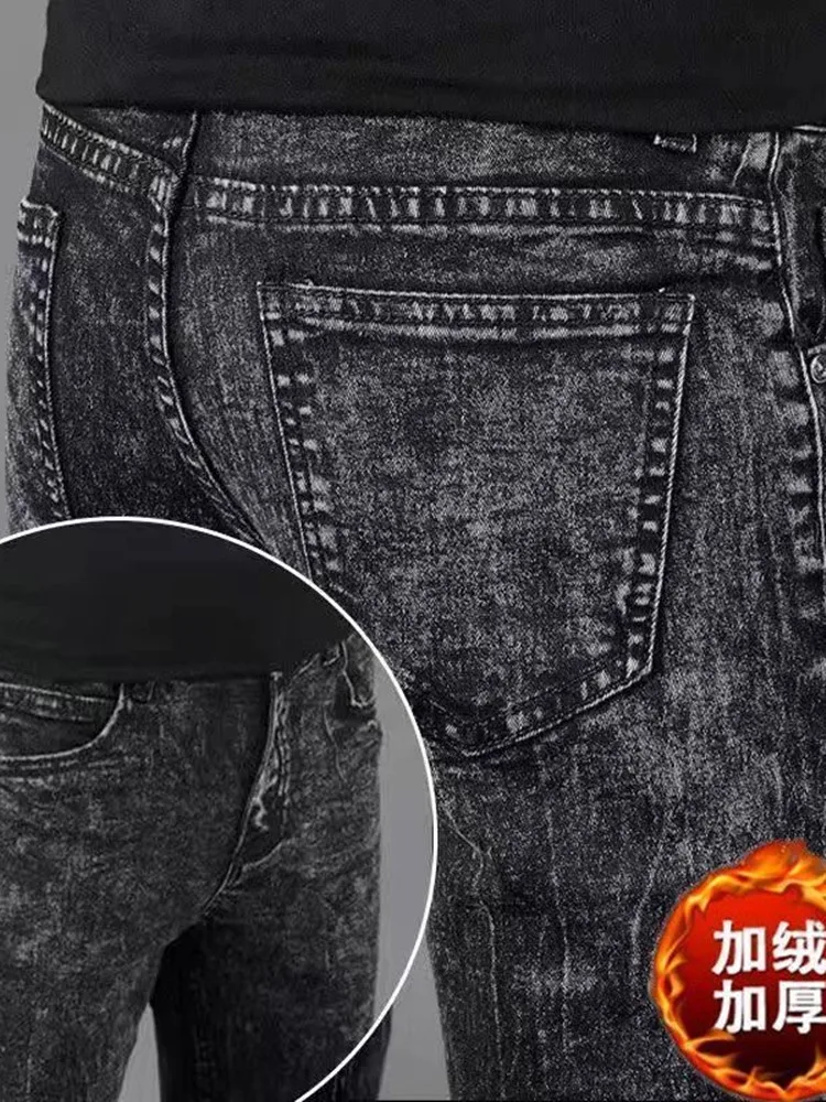 Winter Fashion Plus Fleece Thick Warm Jeans Men's Casual Relaxed Comfortable Stretch Plus-Size Pants 28-36 denim pants,denim trousers