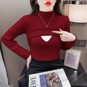 Winter Thick Warm Postpartum Woman Breastfeeding Sweater Long Sleeve Turtleneck Fashion Maternity Nursing Knit Pullover Slim Top