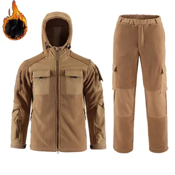 Giacca tattica in pile Set da uomo Outdoor Camo Sistema a 3 strati Tuta sportiva in pile invernale calda militare con cappuccio a metà strato