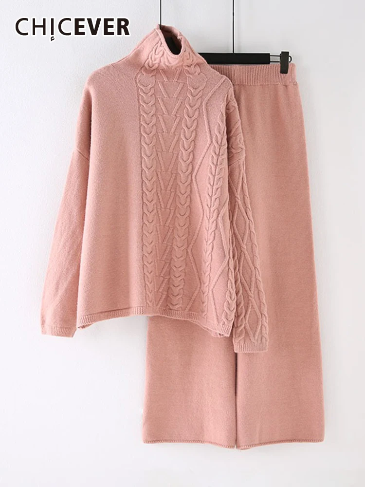 

CHICEVER Solid Knitting Two Piece Sets For Women Turtleneck Long Sleeve Asymmetrical Top High Waist Loose Pant Casual Set Female