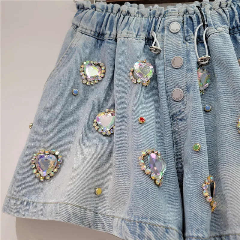 Exquisite Rhinestone Beaded White Love High Waist Slimming Wide-Leg Denim Shorts Women 2024 Summer New Short Jeans Booty Shorts