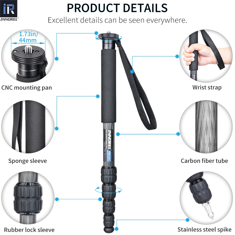 INNOREL RM255C 캐논 니콘 DSLR 카메라 비디오 캠코더용 전문 카본 파이버 모노포드 5단 사진 브래킷