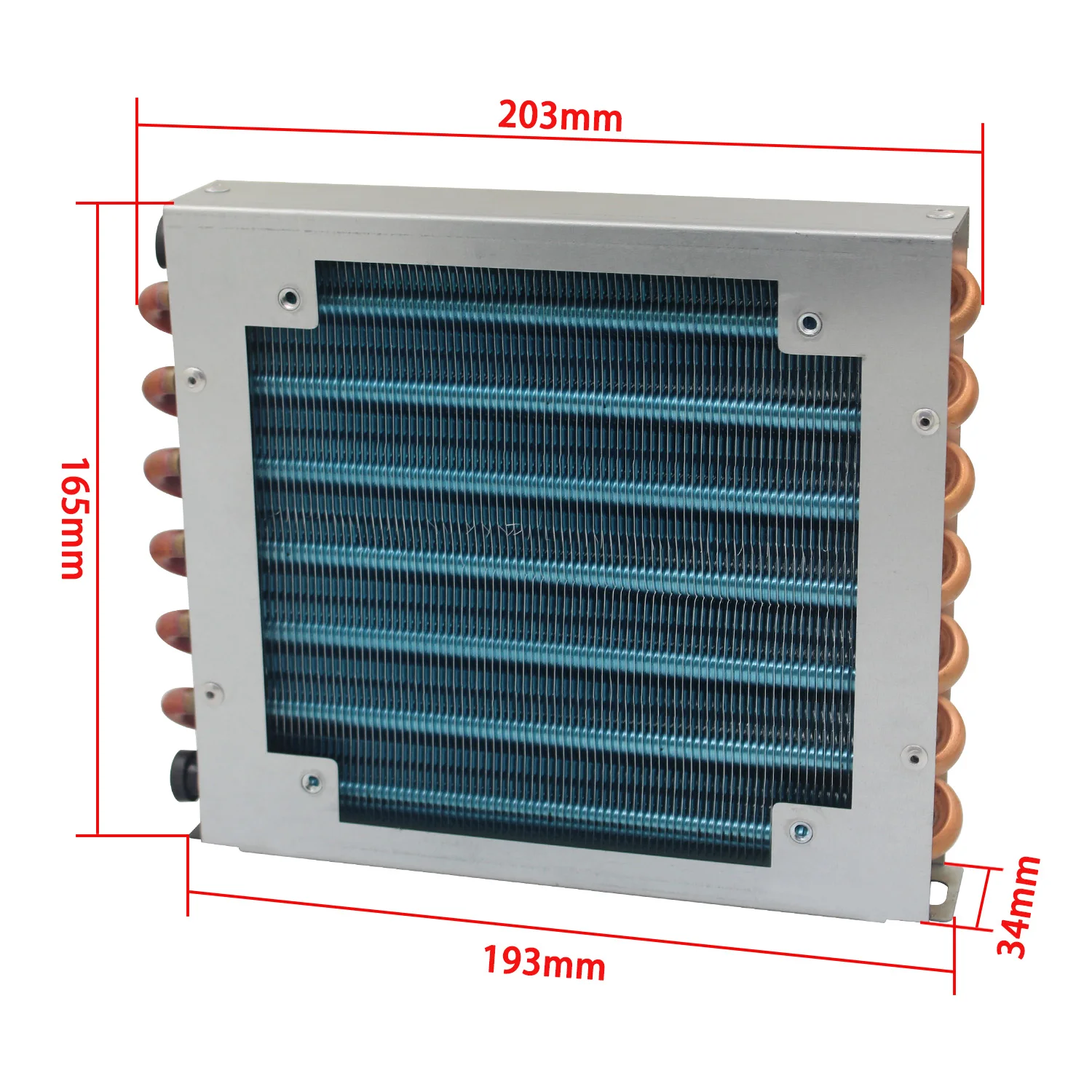 เปลือกขนาดเล็กคอนเดนเซอร์หม้อน้ําตู้เย็นตู้แช่แข็งระบายความร้อนด้วยน้ําอลูมิเนียมครีบและท่อทองแดงแลกเปลี่ยนความร้อนด้วย fan203 * 165*34 1