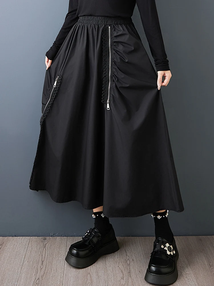 Black Vintage Spliced Zipper Pleated High Waist Skirt Women Plus Size Fashion Loose Casual Long Skirts Clothes Sping Autumn 2025